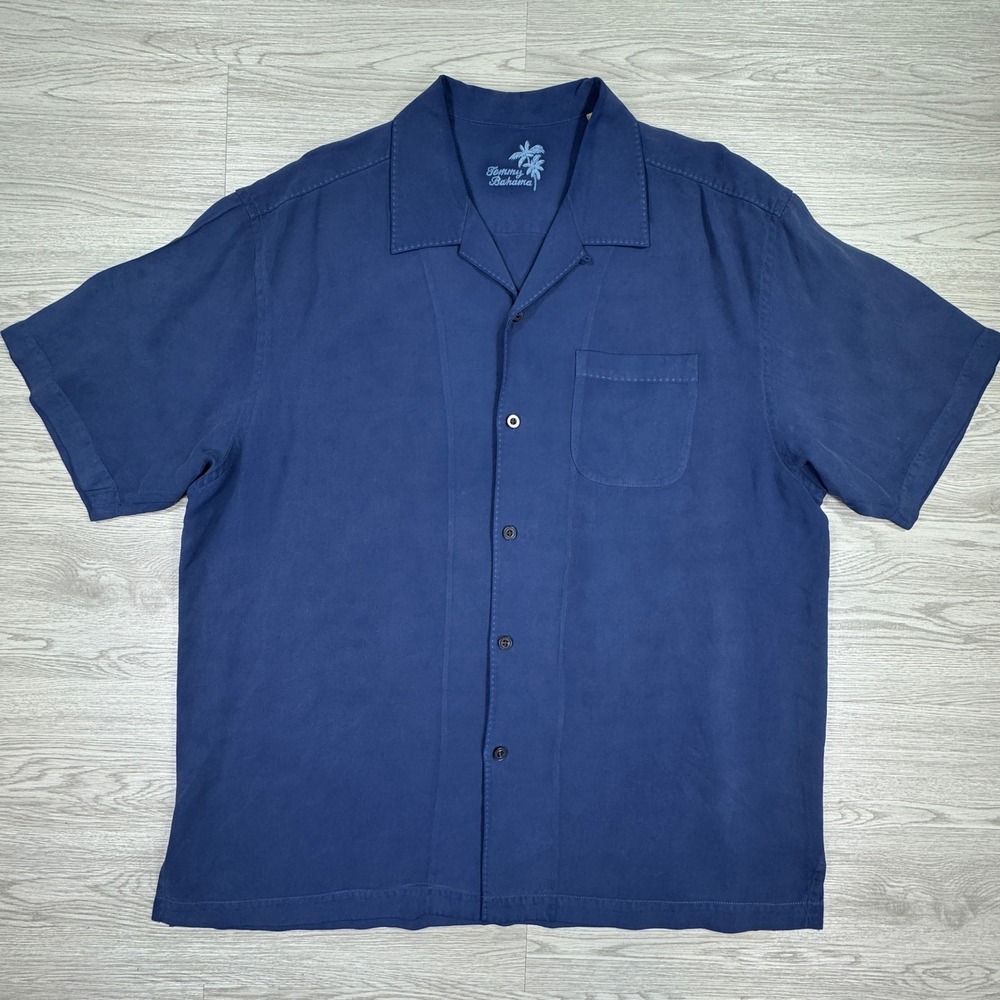 Tommy Bahama Mens Shirt Camp Silk Blue XL Short Sleeve Button Front Pocket
